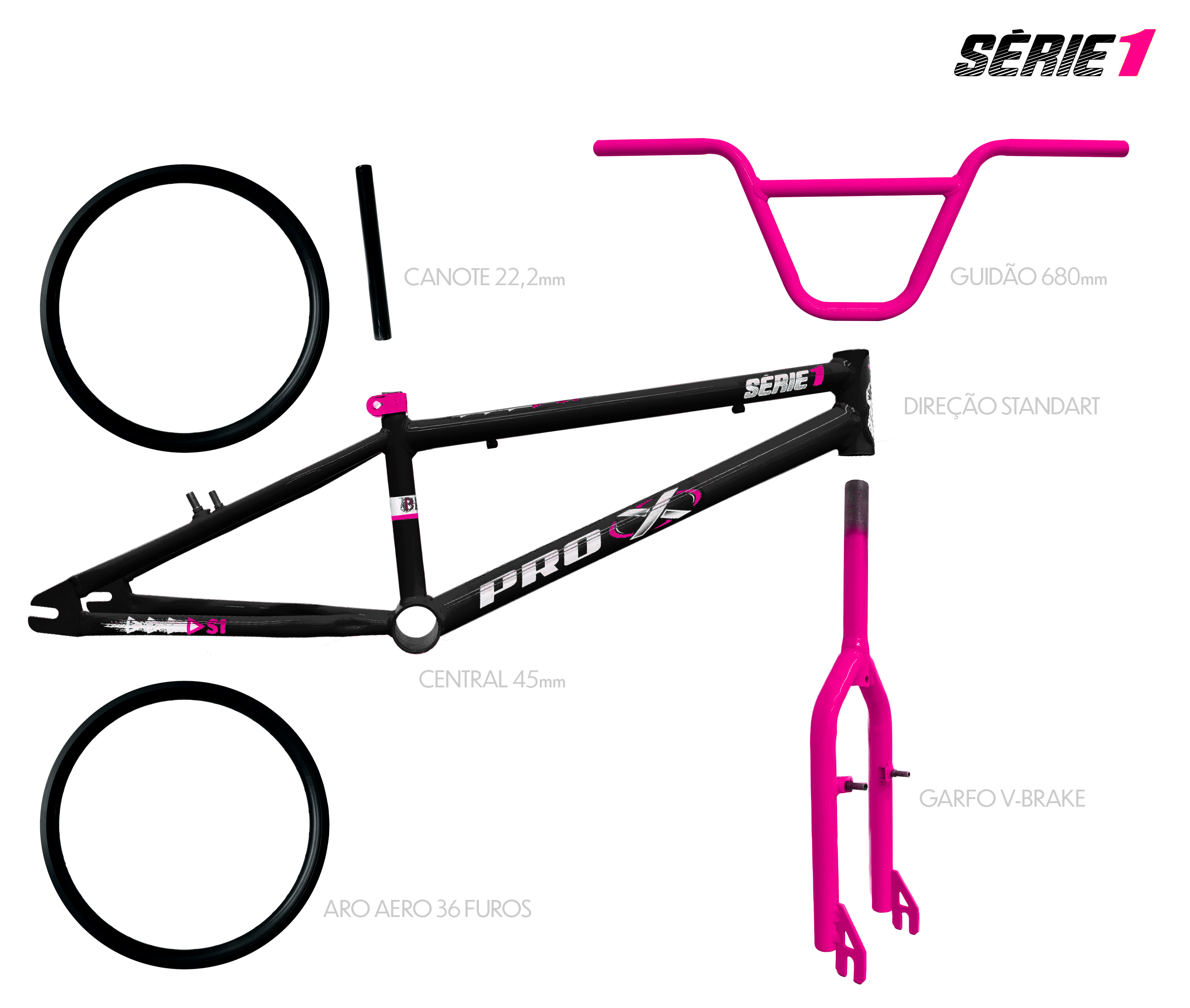 Quadro bmx preto e rosa serie 1 com kit