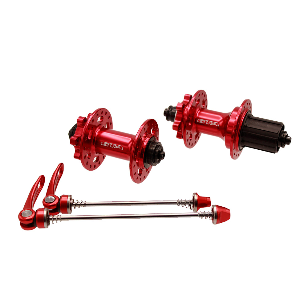 Cubo aluminio dianteiro e traseiro com rolamento vermelho para cassetes de 8 a 12 velocidades com blocagem  freehub 6 paws (barulhento)