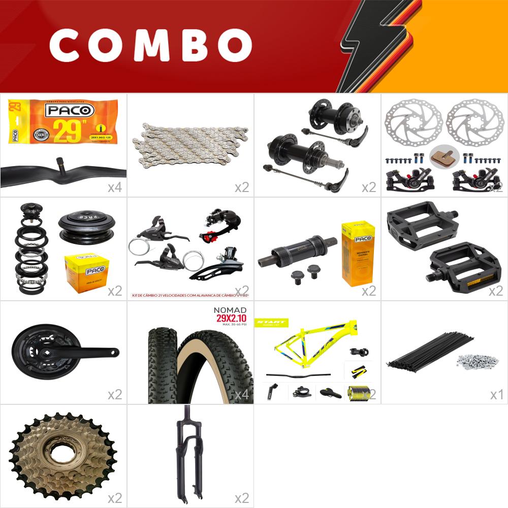 2x kit bike start - 19 - amarelo neon/ azul - 21v com freio mecânico - confira os itens